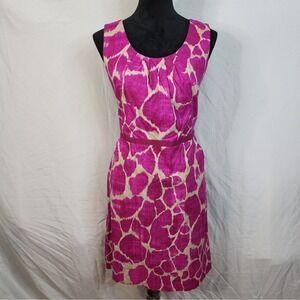 Ann Taylor LOFT Size 10 Fuchsia Beige Giraffe Print 100% Cotton Sheath Dress EUC